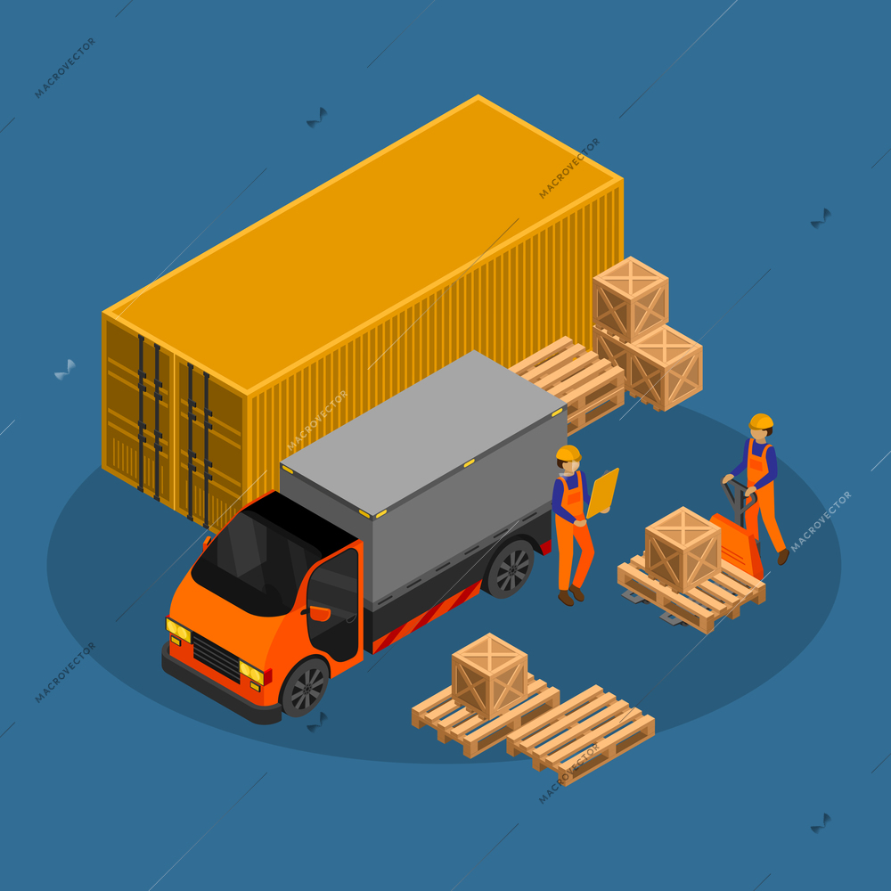 Warehouse isometric composition with view of container with truck and workers moving freight boxes on pallets vector illustration