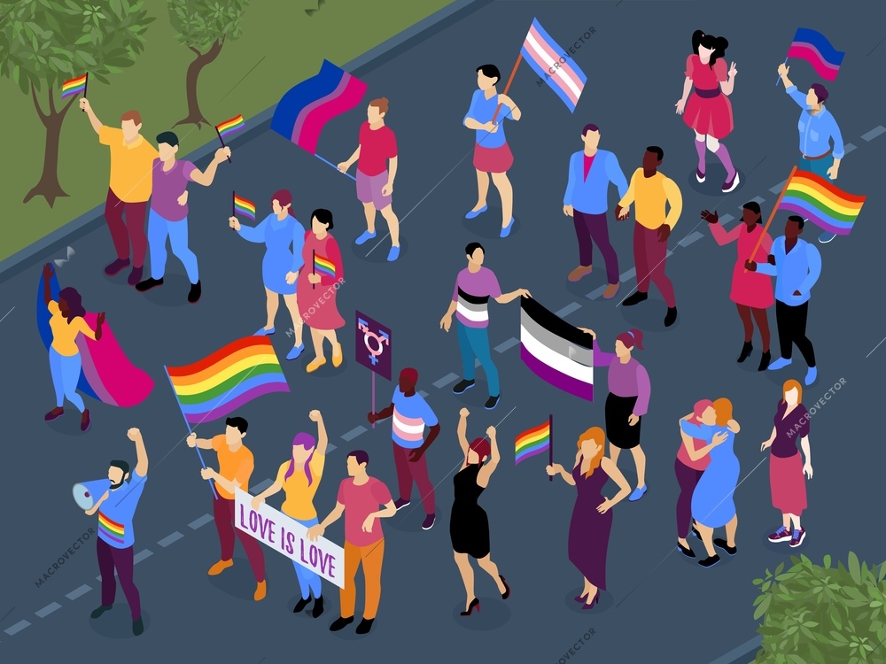 LGBT parade isometric view with lesbians gays transgender bisexual couples hugging walking waving rainbow flags vector illustration