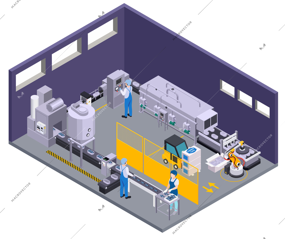 Canned food production isometric composition with indoor scenery with conveyor line forklift and workers sorting fish vector illustration