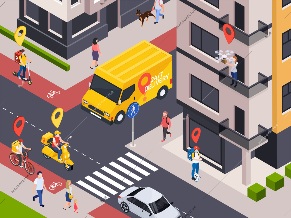 Delivery service isometric composition with view of city street with location signs above couriers and clients vector illustration