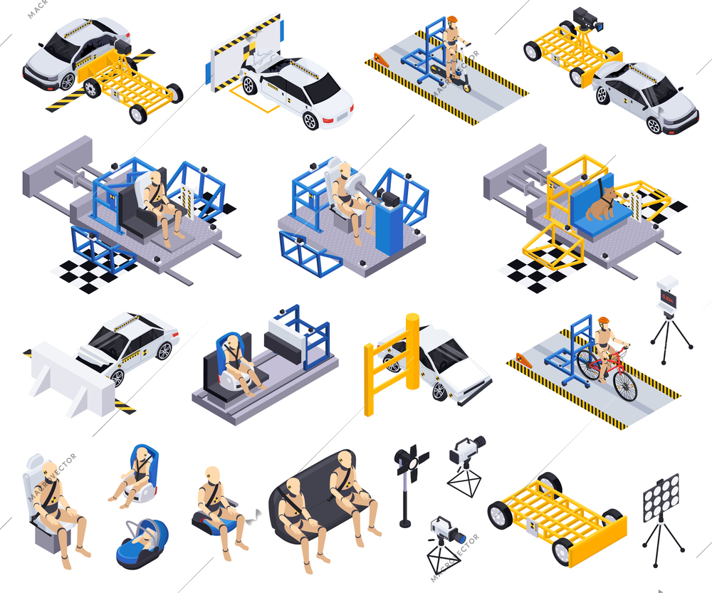 Set of isolated crash test car safety isometric icons with dummy mannequins seats and damaged vehicles vector illustration