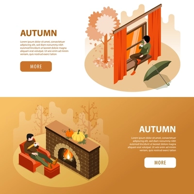 Autumn isometric horizontal banners with people sitting at home near fireplace to warm up vector illustration