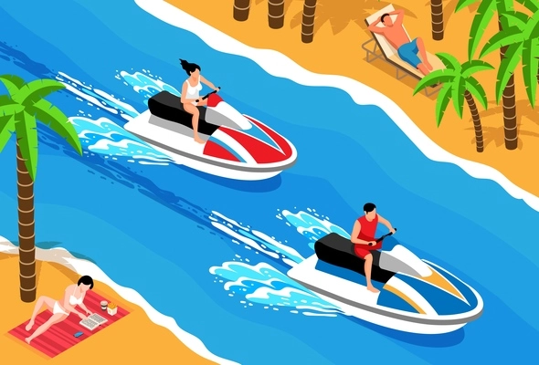 Watersport with jetski activity and hobby symbols isometric horizontal vector illustration