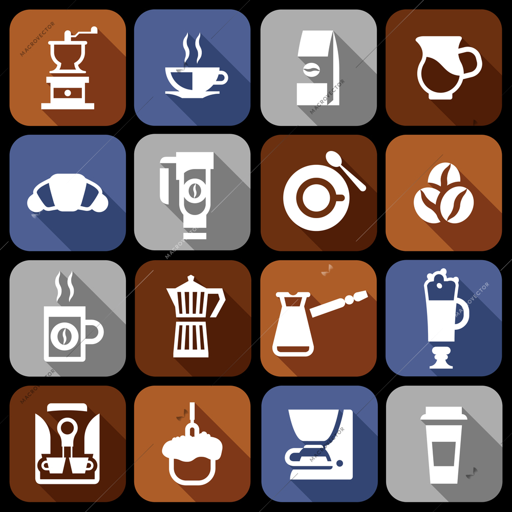 Coffee icons flat shadow set with grinder hot cup pack cream isolated vector illustration