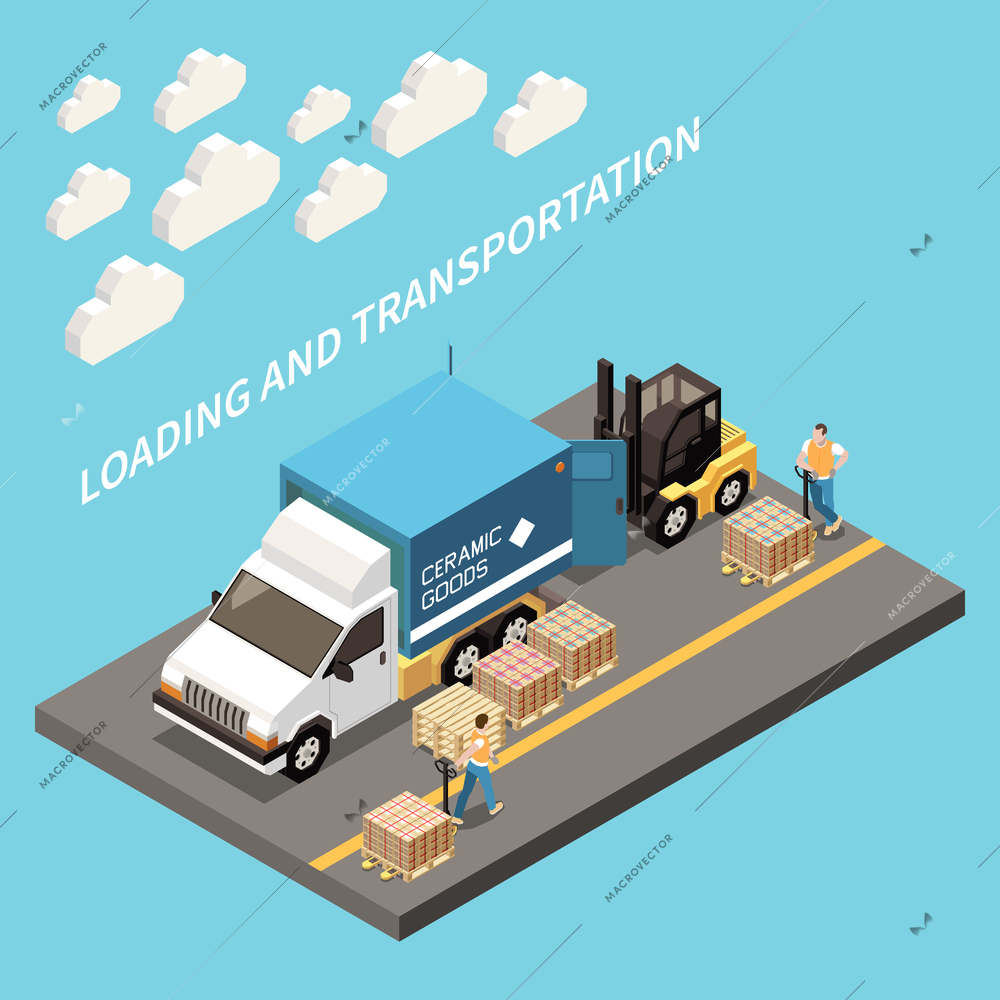 Ceramic tile production isometric composition demonstrated loading into truck for transportation vector illustration