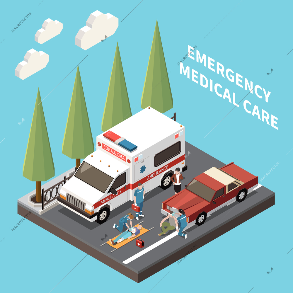 Emergency medical care isometric composition with paramedics brigade providing first aid victim persons after traffic accident vector illustration