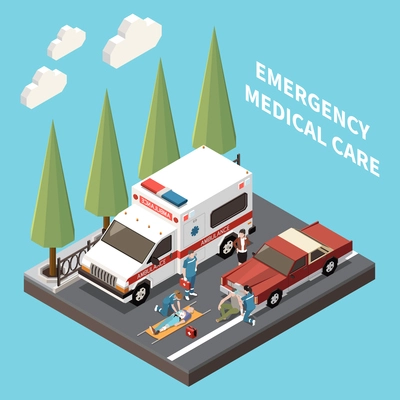 Emergency medical care isometric composition with paramedics brigade providing first aid victim persons after traffic accident vector illustration