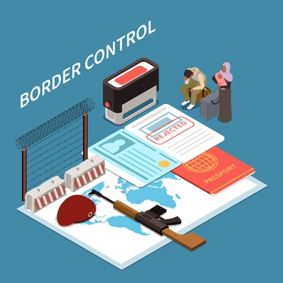 Border control isometric background with passport guards rifle and lose hope migrant family vector illustration