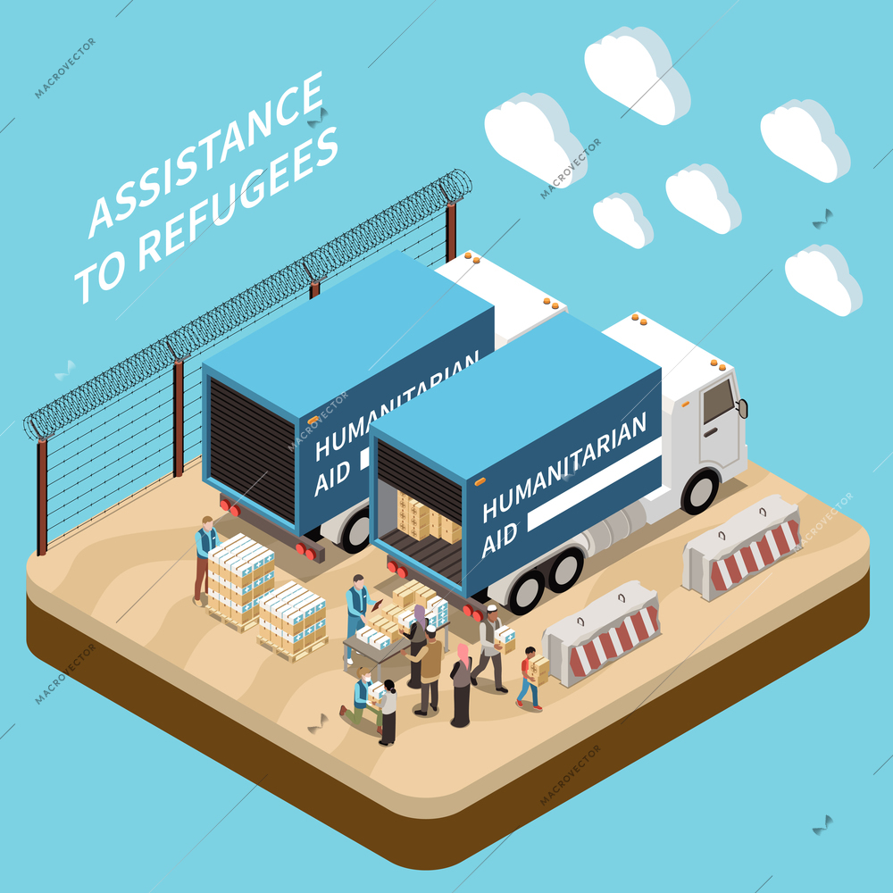 Assistance to refugees isometric background with team of volunteers giving help boxes to refuges from humanitarian aid van vector illustration