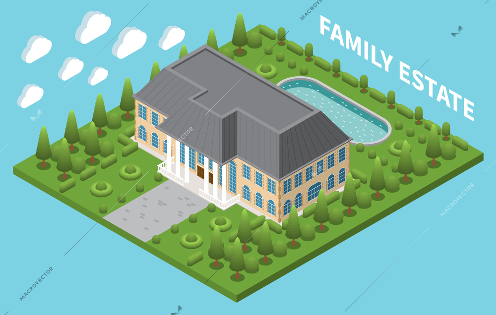 Family estate isometric composition with large two stored house pool and big park vector illustration