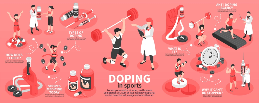 Isometric doping in sports infographics with pills syringes human characters of sportsmen 3d vector illustration