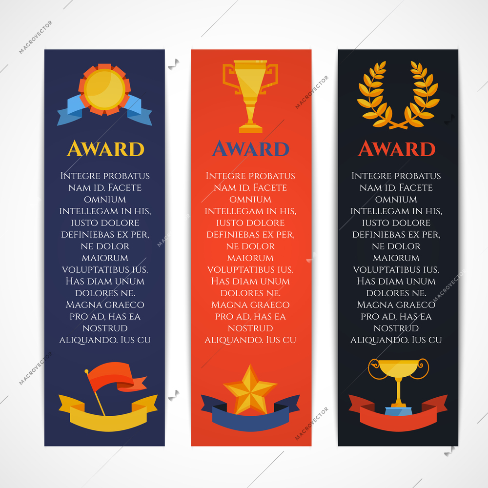 Award vertical banner set with winner prizes champion cups isolated vector illustration