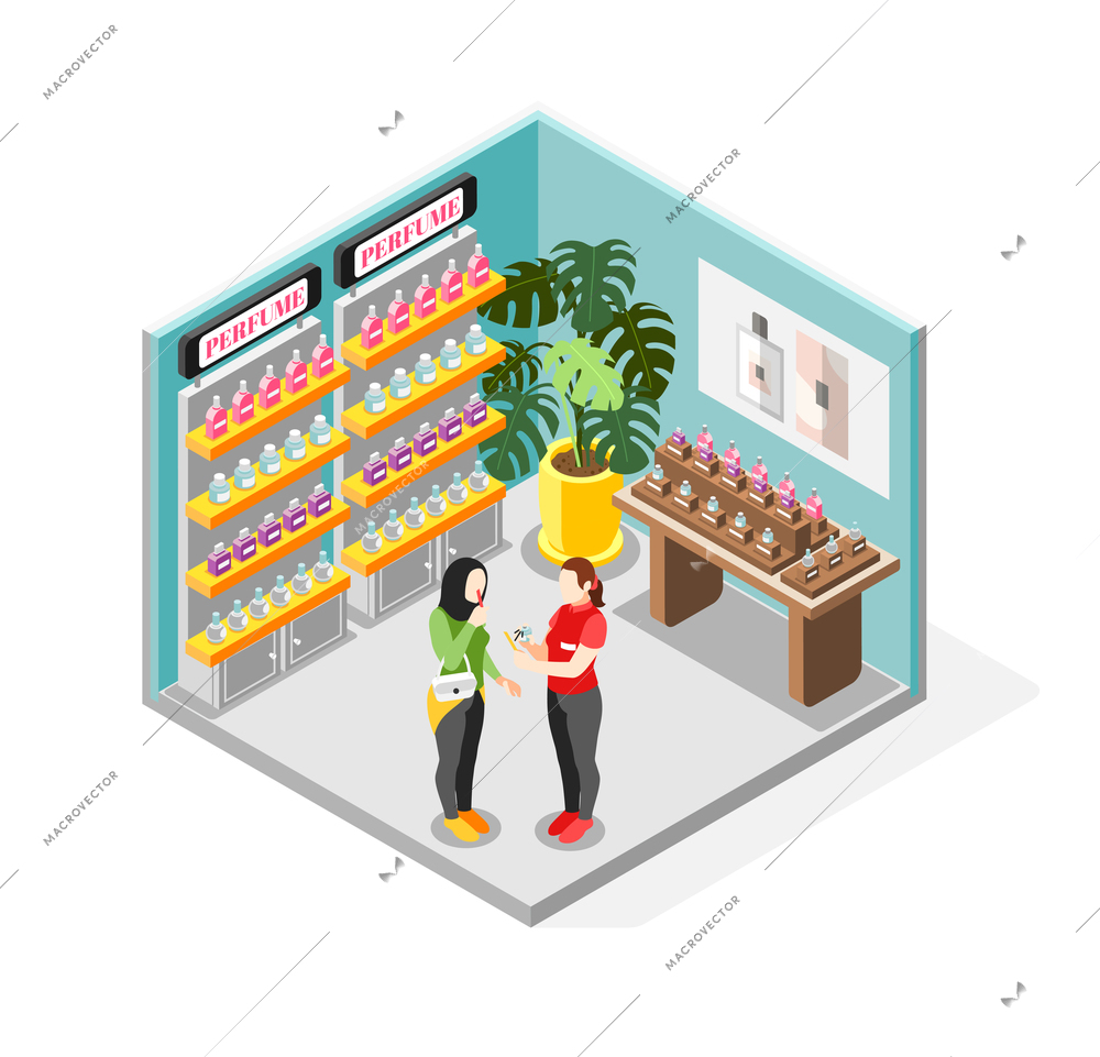 Perfume shoppping concept with customer and assistant symbols isometric vector illustration