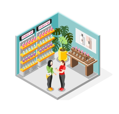 Perfume shoppping concept with customer and assistant symbols isometric vector illustration