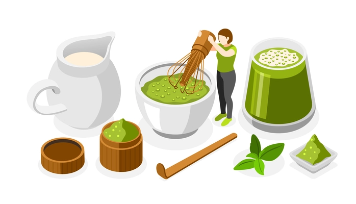 Tea day set with green matcha tea symbols isometric vector illustration