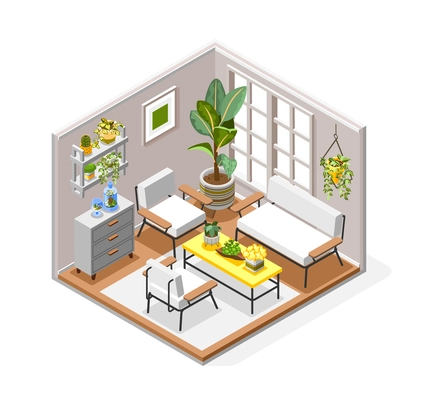 Plants concept with houseplants and interior decoration isometric vector illustration