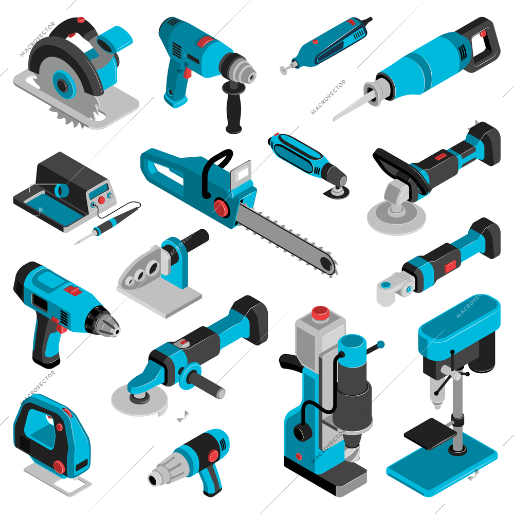 Electric machine and tools isometric set jigsaw, saber saw angle grinder drilling machine isolated vector illustration