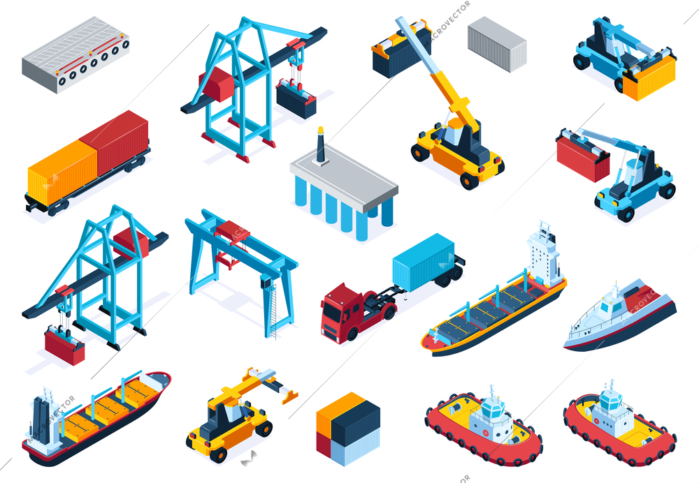 Sea logistic color set of railway platform equipment for cargo transshipment water transport isometric icons isolated vector illustration