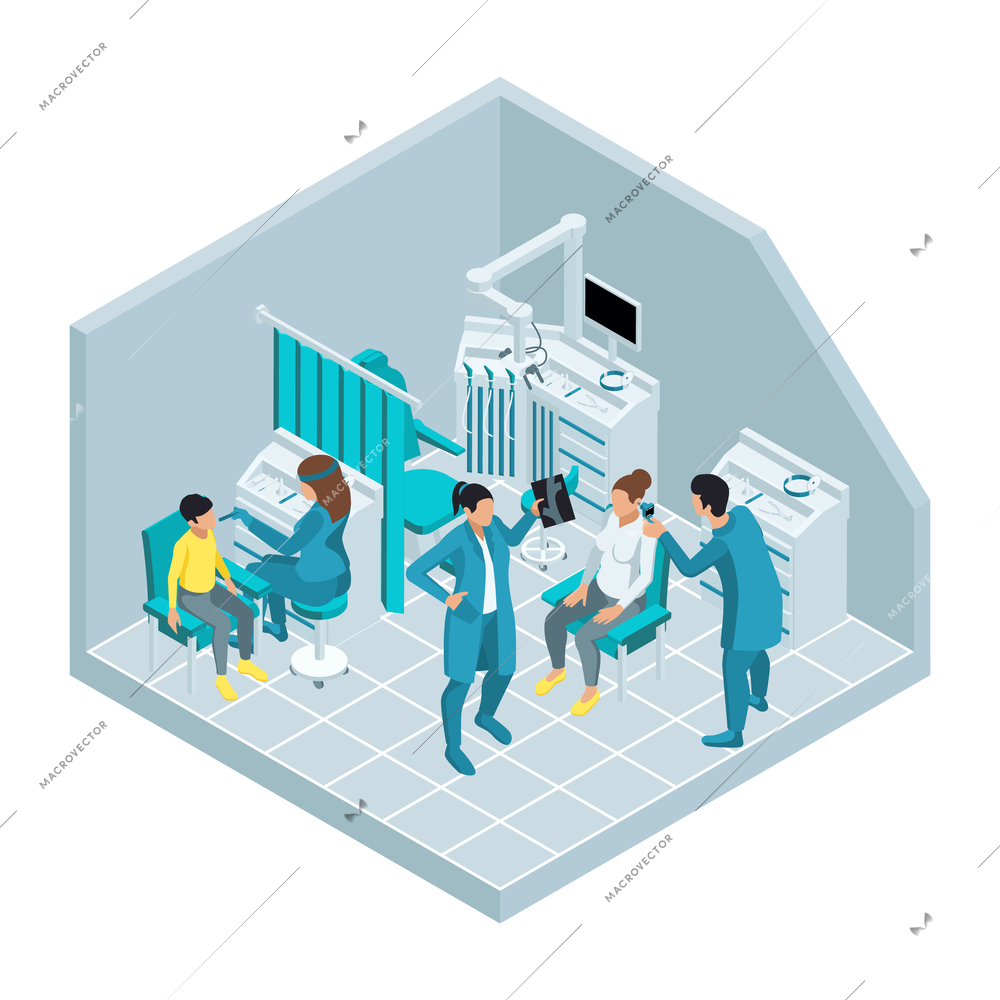 Otolaryngology isometric colored composition room with medical equipment for ear nose and throat examinations vector illustration