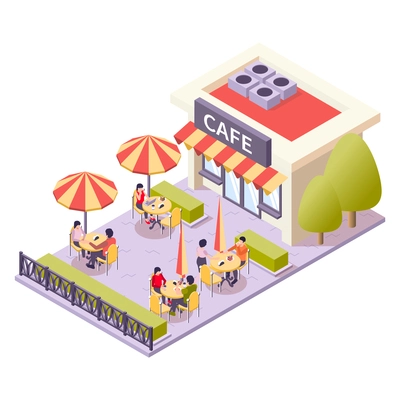 Restaurant street cafe isometric composition cafe with outdoor veranda with umbrellas and individual tables vector illustration