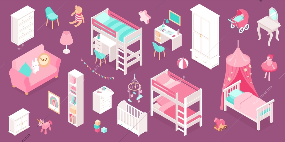 Isometric set of furniture and interior elements for little girls room isolated on colored background 3d vector illustration