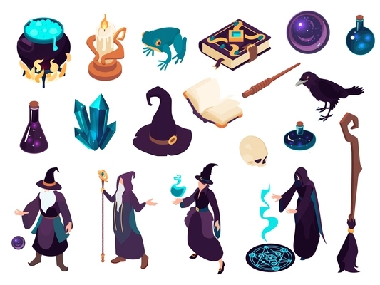 Magic isometric icons set with wizards witches and various stuff for witchcraft and alchemy isolated on white background 3d vector illustration
