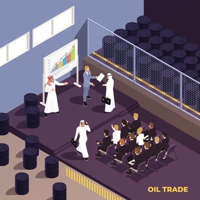 Arab muslims saudi modern isometric people composition with indoor view of oil warehouse with negotiating persons vector illustration