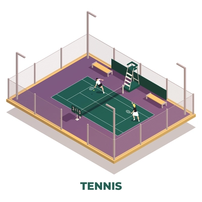 Tennis isometric composition with isolated text and sport playground with playing people with rackets and ball vector illustration