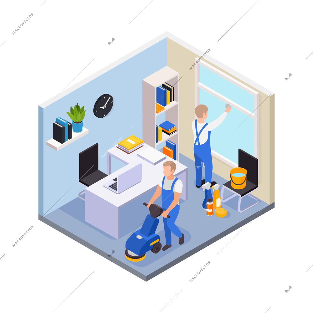 Isometric composition with two workers from professional cleaning service washing floor and windows in study or office room 3d vector illustration