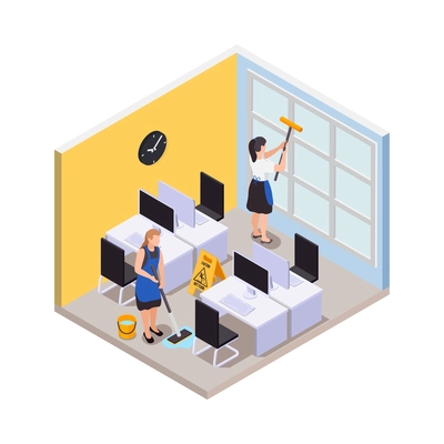Professional cleaning service workers tidying up office computer room washing floor windows isometric composition vector illustration
