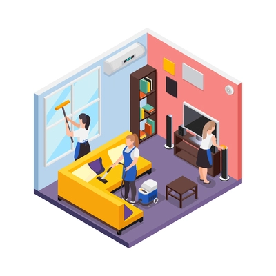 Isometric composition with living room being cleaned by workers from professional cleaning service 3d vector illustration
