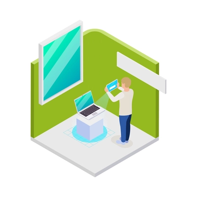 Modern technology products exhibition with visitor using tablet isometric composition 3d vector illustration