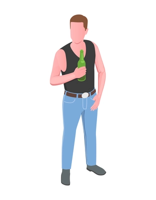 Isometric male character of biker holding bottle of beer vector illustration