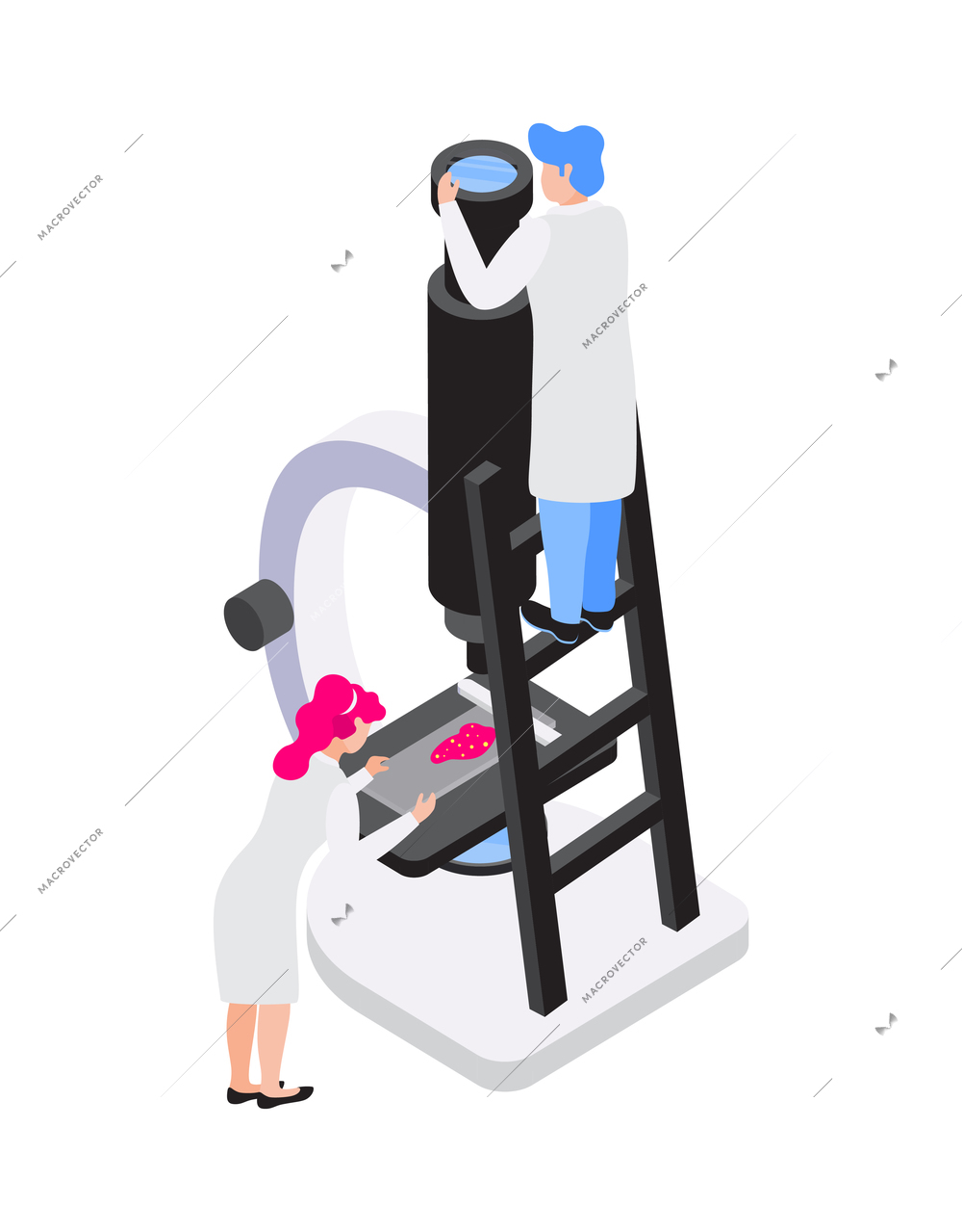 People working with microscope in laboratory of chemistry 3d isometric icon vector illustration