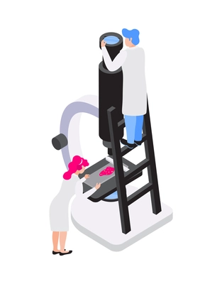 People working with microscope in laboratory of chemistry 3d isometric icon vector illustration