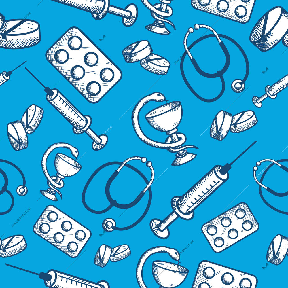 Seamless pattern of medical items of phonendoscope pills and syringe isolated vector illustration