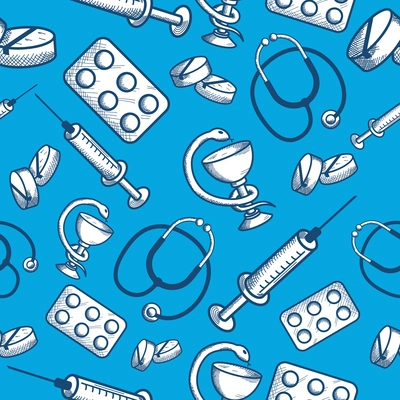 Seamless pattern of medical items of phonendoscope pills and syringe isolated vector illustration