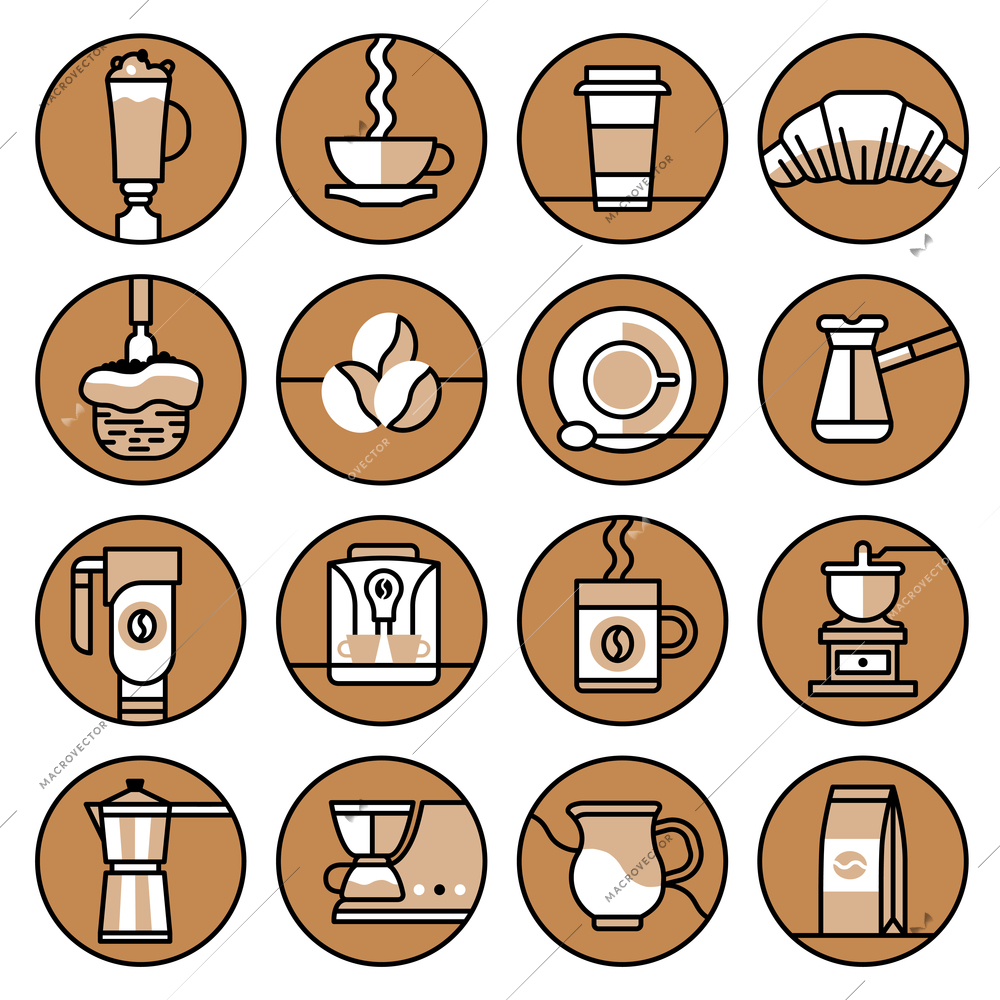 Coffee icons brown line set with frappe hot paper cup croissant isolated vector illustration