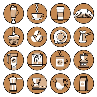 Coffee icons brown line set with frappe hot paper cup croissant isolated vector illustration