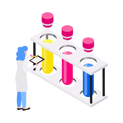 Chemistry lab isometric icon with female scientist and test tubes rack 3d vector illustration