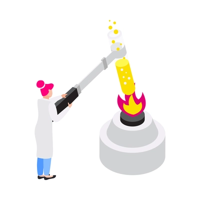 Chemistry isometric icon with female scientist heating tube with reagent on spirit lamp 3d vector illustration