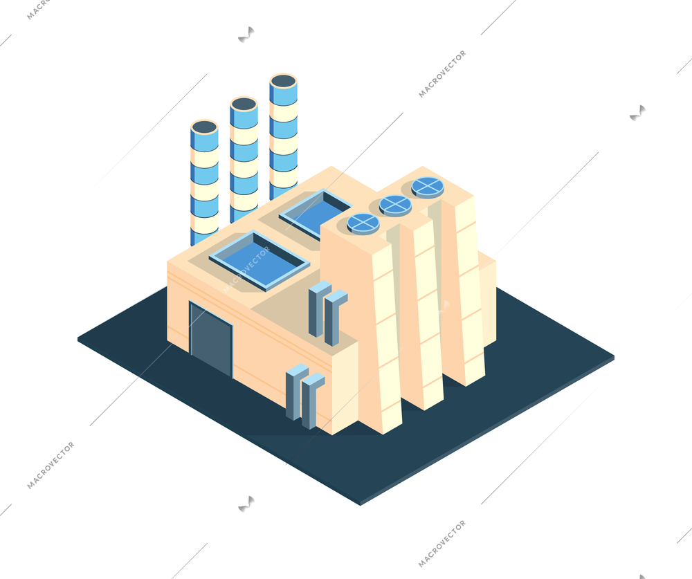 Modern industrial building exterior with chimneys isometric icon 3d vector illustration