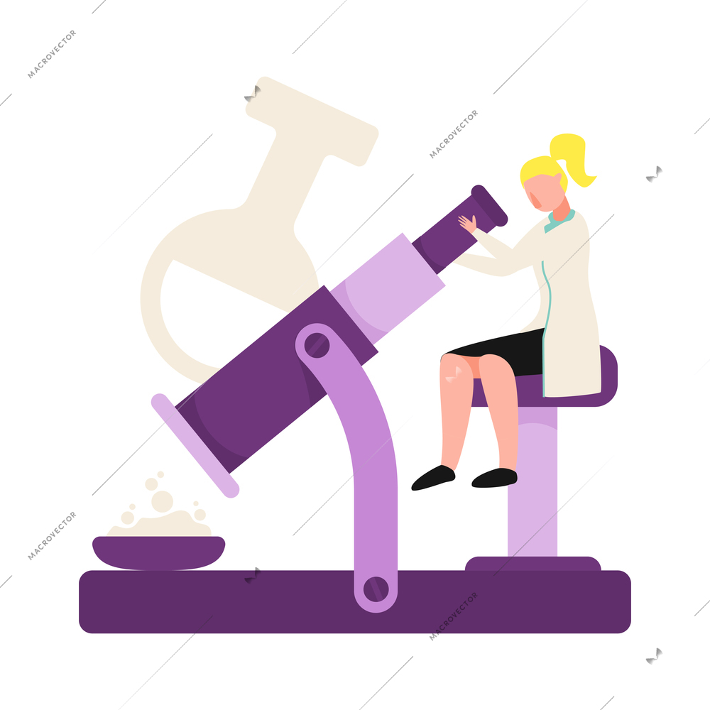 Science lab flat color icon with tiny character of scientist looking through microscope vector illustration