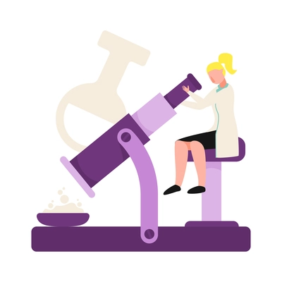 Science lab flat color icon with tiny character of scientist looking through microscope vector illustration