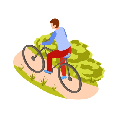 Man riding bicycle along city park in summer 3d isometric vector illustration