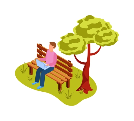 Man working on laptop sitting on wooden bench in green city park 3d isometric vector illustration