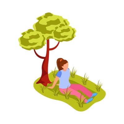 Girl relaxing on green lawn under tree in city park 3d isometric vector illustration