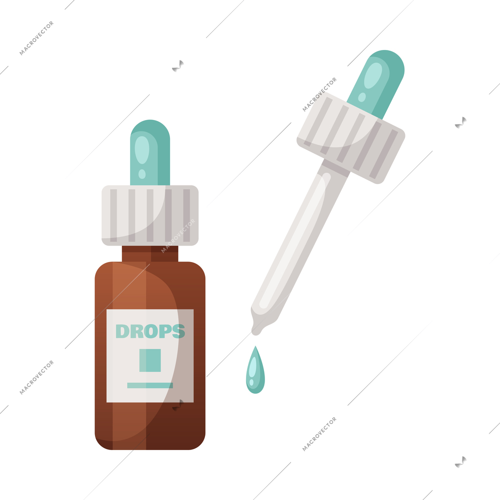 Cartoon bottle with medical drops and dropper isolated vector illustration