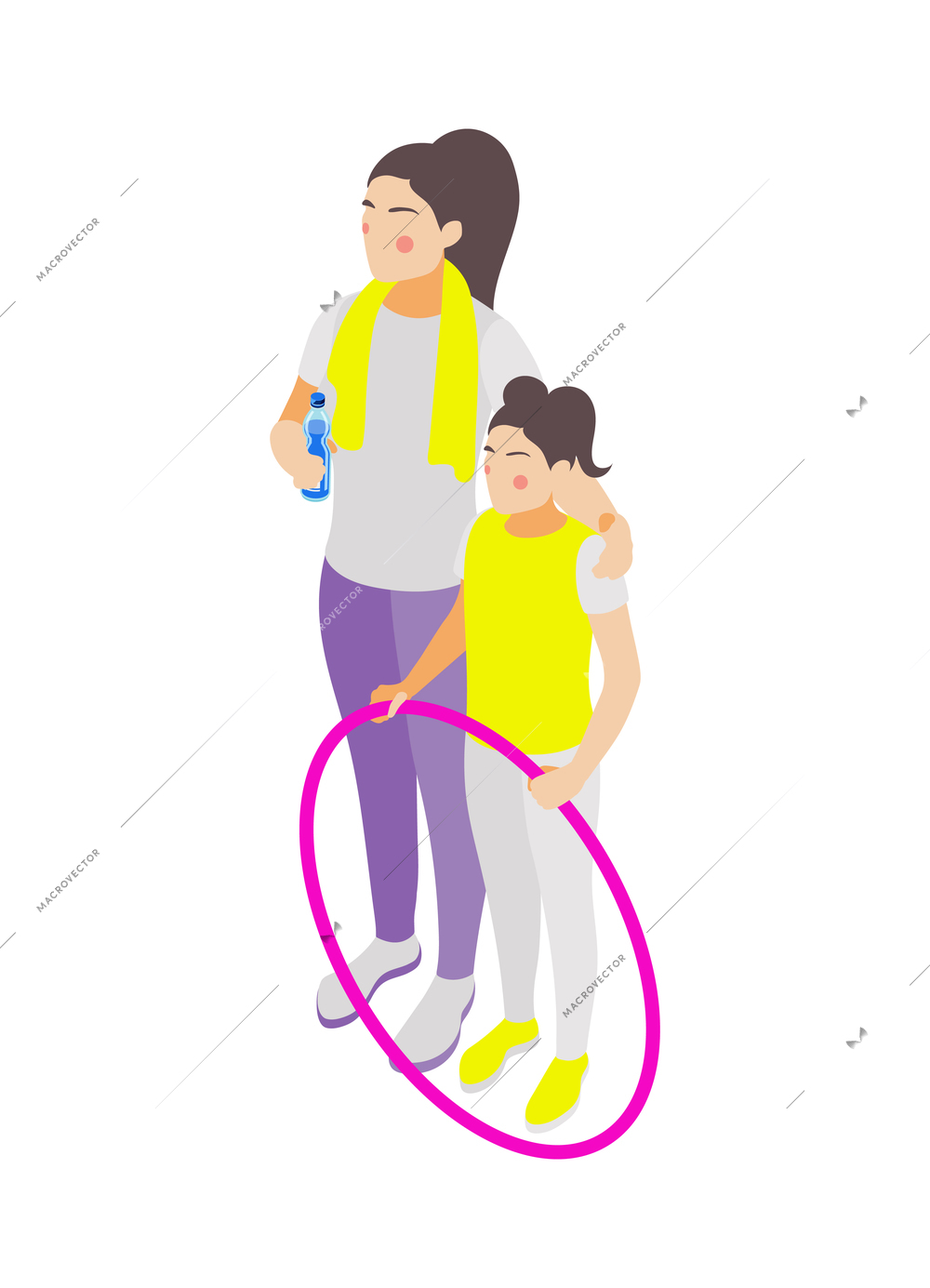 Family fitness icon with mother and daughter exercising together with hula hoop 3d isometric vector illustration