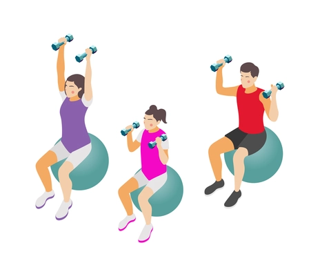 Family doing fitness together with barbells and fitballs 3d isometric isolated vector illustration